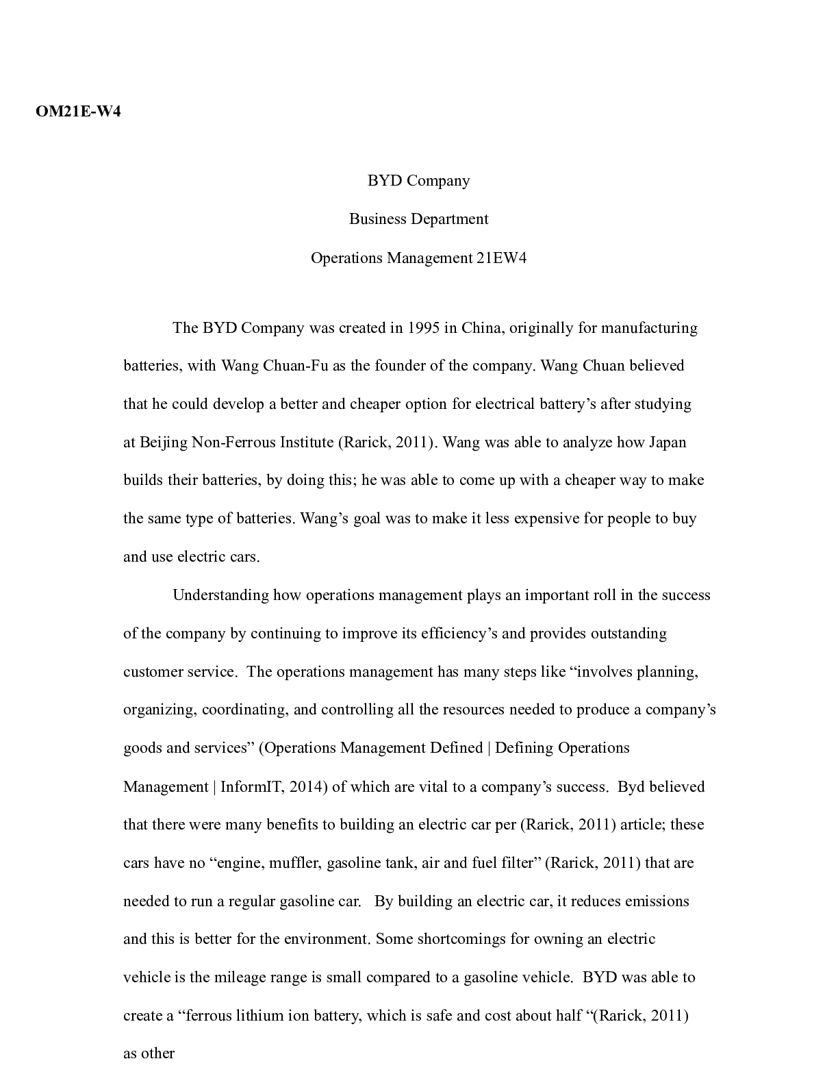 Preview image for BYD Company  Milestone One.docx  OM21E-W4  BYD Company Business Department  Operations Man